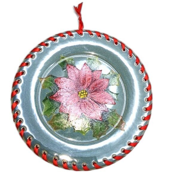 Original Hand Painted Green Poinsettia Ribbon Laced Decorative Christmas Plate - Picture 1 of 5
